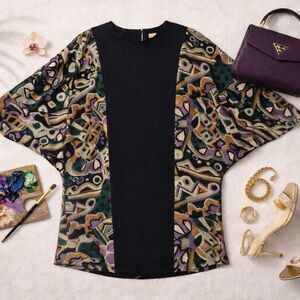 Hitokitamai Black Multicolor Geometric Shift Dress Kimono Sleeve Knee Length